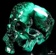 ORIGINAL 6.7" Malachite Carved Crystal Skull, Nice luster.