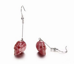 Rhodochrosite Carved Crystal Skull Earrings