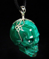 Gemstone 1.3" Malachite Carved Crystal Skull Pendant with Sterling Silver