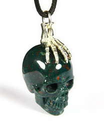 Bloodstone Carved Crystal Skull with sterling silver Bones Pendant