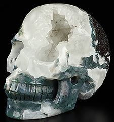 GEODE 5.0" Green Moss Agate Carved Crystal Skull, Realistic, Crystal Healing