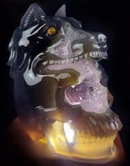 AWESOME 6.5" Agate Amethyst Geode Carved Crystal Skull & Wolf, Crystal Healing