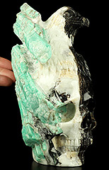 GEMSTONE 7.3" Green Emerald Carved Crystal Skull & Eagle, Crystal Healing