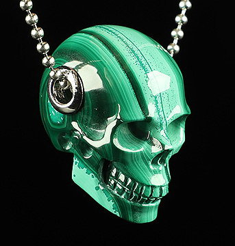 Gemstone 1.1 Malachite Carved Crystal Skull Pendant, Crystal Healing