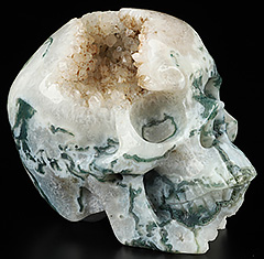 GEODE Huge 5.0" Green Moss Agate Carved Crystal Skull,Realistic, Crystal Healing