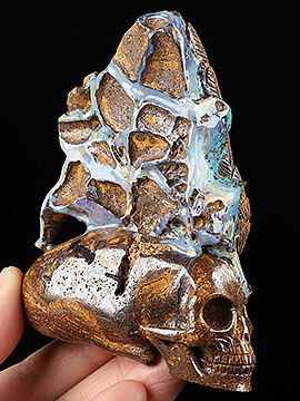 Gemstone 4.3" Matrix Opal Carved Crystal Mayan Alien Skull & Wing, Crystal Healing