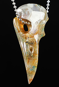 2.2" Green Moss Agate Carved Crystal Raven Skull Pendant, Crystal Healing