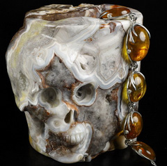 4.5" Crazy Lace Agate Carved Crystal Skull Storage, Coffee Jar、Pen Container, Crystal Healing