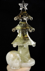 9.4" Smoky Quartz Rock Crystal Carved Crystal Skull & Christmas Tree, Crystal Healing