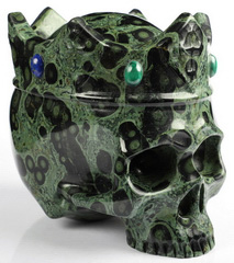 5.1" Kambaba Jasper Carved Crystal Crown Skull, Red Jasper, Lapis Lazuli, Red Jasper Inlay
