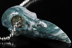 2.2" Green Moss Agate Carved Crystal Raven Skull Pendant,Realistic, Crystal Healing