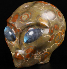 4.1" Plum Blossom Poppy Jasper Crystal Skull Companion with Labradorite Eyes， Star Being Female Alien Reiki Healing Stone Statue