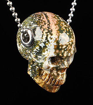 1.2" Ocean Jasper Carved Crystal Skull Pendant With 925 Sterling Silver, Realistic