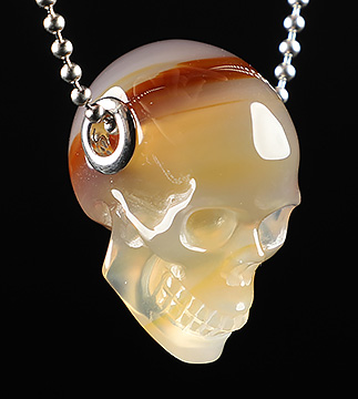 1.1" Agate Carved Crystal Skull Pendant With 925 Sterling Silver Chain, Realistic
