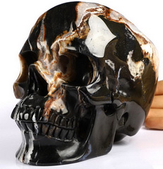 Geode 5.9" Black Zebra Agate Carved Crystal skull,Super Realistic, Crystal Healing