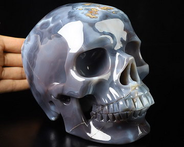 Gemstone Super Realistic! Lifesized 7.5" Mozambique Agate Hand Carved Crystal Skull, Crystal Healing