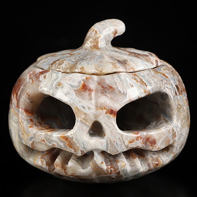 4.1" Red Crazy Lace Agate Hand Carved Hollow Jack-O'-Lantern Pumpkin Crystal Skull Sculpture