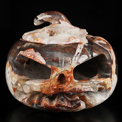 Gemstone 4.1" Red Crazy Lace Agate Hollow Jack-O'-Lantern Pumpkin Crystal Skull Sculpture