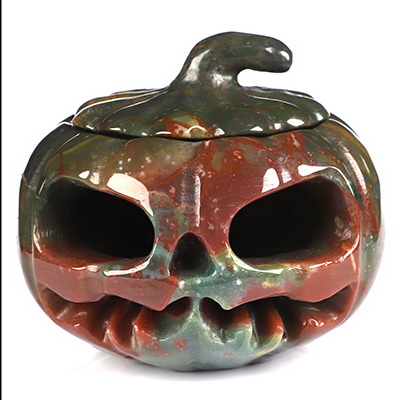 4.1" Bloodstone Hand Carved Hollow Jack-O'-Lantern Pumpkin Crystal Skull Sculpture