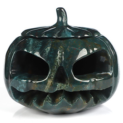 3.9" Bloodstone Hand Carved Hollow Jack-O'-Lantern Pumpkin Crystal Skull Sculpture