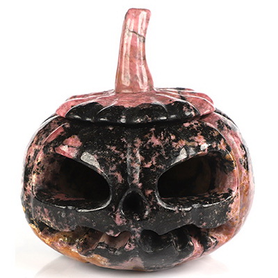 4.3" Pink & Black Rhodonite Hand Carved Hollow Jack-O'-Lantern Pumpkin Crystal Skull Sculpture