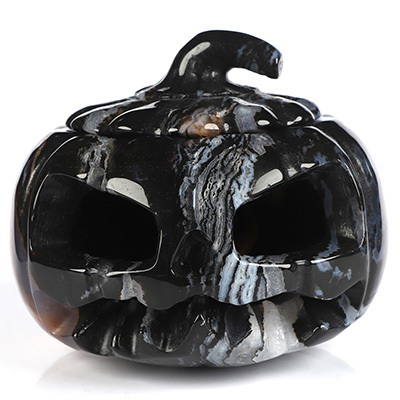 4.1" Black Zebra Agate Hand Carved Hollow Jack-O'-Lantern Pumpkin Crystal Skull Sculpture