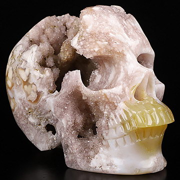 Top Quality 4.4" Sakura Agate Geode Carved Crystal Skull,Super Realistic, Crystal Healing