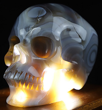 5.1" Gray & White Agate Carved Crystal skull with Led Stand,Super Realistic, Crystal Healing