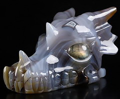 5.1" Premium Brazilian Agate Carved Crystal Dragon Skull, Labradorite Eyes