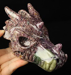 GEMSTONE Huge 5.2" Russian Charoite Carved Crystal Dragon Skull, Crystal Healing