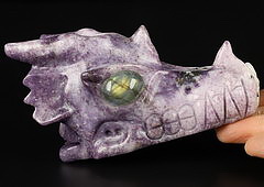 5.2" Lepidolite Carved Crystal Dragon Skull with Labradorite Eyes, Crystal Healing