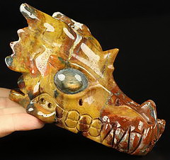 5.1" Indian Agate Hand Carved Crystal Dragon Skull with Labradorite Eyes Sculpture, Crystal Healing