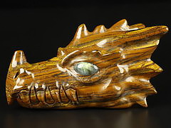5.7" Tiger Iron Eye Carved Crystal Dragon Head Skull & Labradorite Eyes, Crystal Healing