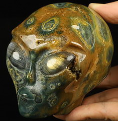 4.1" Ocean Jasper Crystal Skull Companion with Labradorite Eyes， Star Being Female Alien Reiki Healing Stone Statue