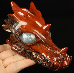 5.3" Red Jasper Carved Crystal Dragon Skull with Labradorite Eyes, Crystal Healing