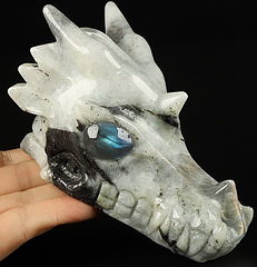 5.2" Labradorite Carved Crystal Dragon Skull, Labradorite Eyes