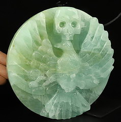 Gemstone 6.1" Aquamarine Carved Crystal Hawk with Crystal Skull with Stand, Crystal Healing