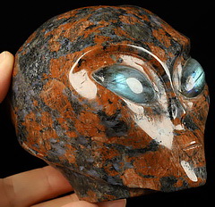 4.1" Tan Brown Granite Stone Crystal Female Alien Skull Companion, Labradorite Eyes