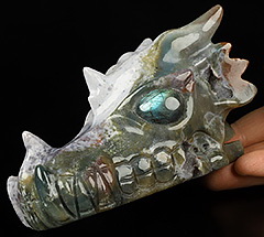 5.1" Indian Agate Carved Crystal Dragon Skull, Labradorite Eyes
