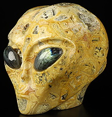 4.1" Crazy Lace Agate Carved Crystal Star Being Female Alien Skull, Labradorite Eyes