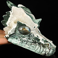 5.2" Green Zebra Agate Carved Crystal Skull with Labradorite Eyes, Crystal Healing