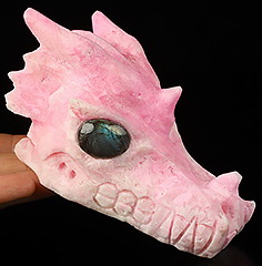 5.1" Pink Aragonite Carved Crystal Dragon Skull, Labradorite Eyes