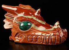 5.1" Red Jasper Carved Crystal Skull with Malachite Eeys, Crystal Healing