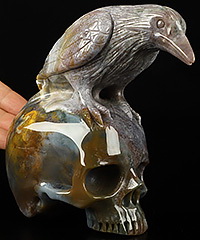 5.9" Indian Agate Carved Crystal Skull & Raven Sculpture, Crystal Healing