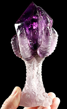 Gemstone 5.9" Amethyst Hand Carved Crystal Skull and Hand Bone Fine Art Sculpture, Crystal Healing