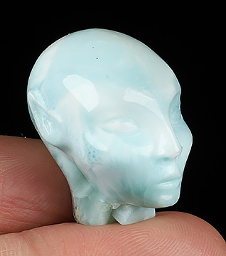 Gemstone 1.1" Larimar Hand Carved Fairy Elf Alien Crystal Skull Companion Sculpture, Crystal Healing