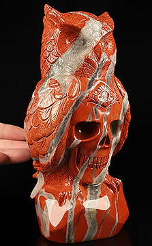 7.6" Red Jasper Hand Carved Crystal Skull and Owl Fine Art Sculpture, Crystal Healing