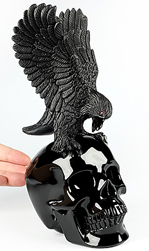 8.9" Black Obsidian Hand Carved Crystal Skull and Eagle Fine Art Sculpture, Crystal Healing