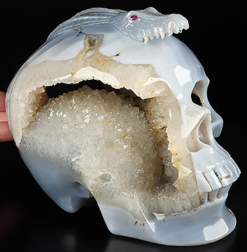6.8" Agate Hand Carved Crystal Skull and Crocodile with Ruby Eyes Fine Art Sculpture, Crystal Healing