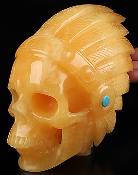 6.1" Beeswax Jade Hand Carved Crystal Indian Skull Sculpture, Crystal Healing